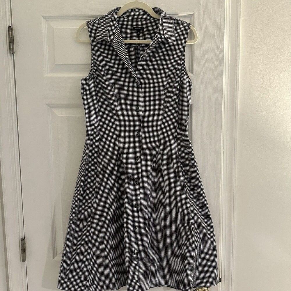 Talbots fit and flare shirt dress Dark Navy gingham check Women Size 10 EUC